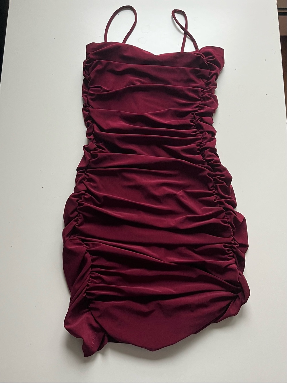 Ruched Burgundy Spaghetti-Strap Windsor Bodycon Dress